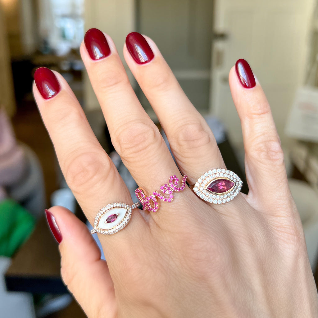 White Enamel & Ruby Evil Eye Ring