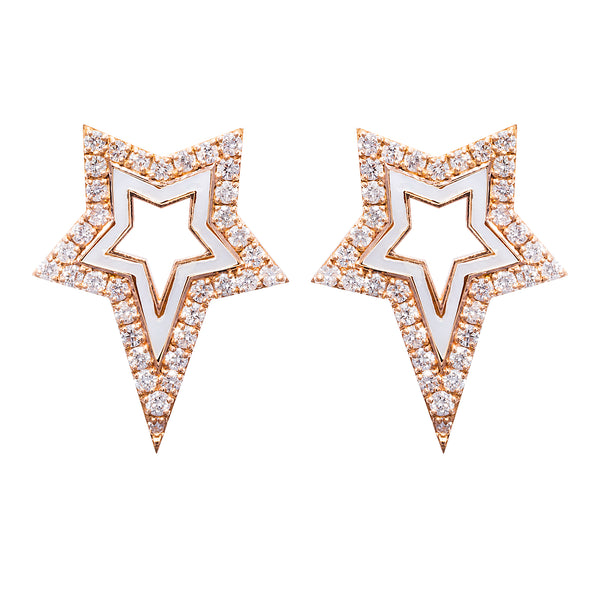 White Enamel & Diamond Star Earrings