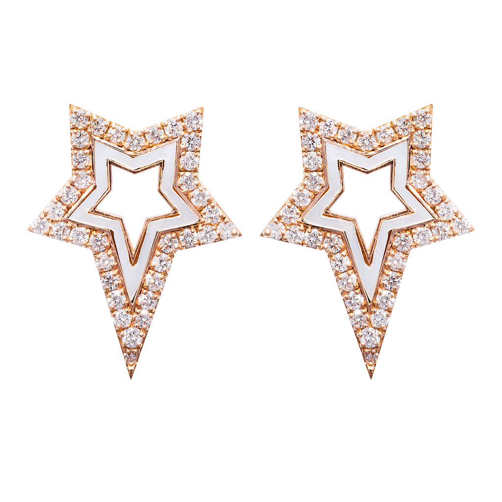 White Enamel & Diamond Star Earrings