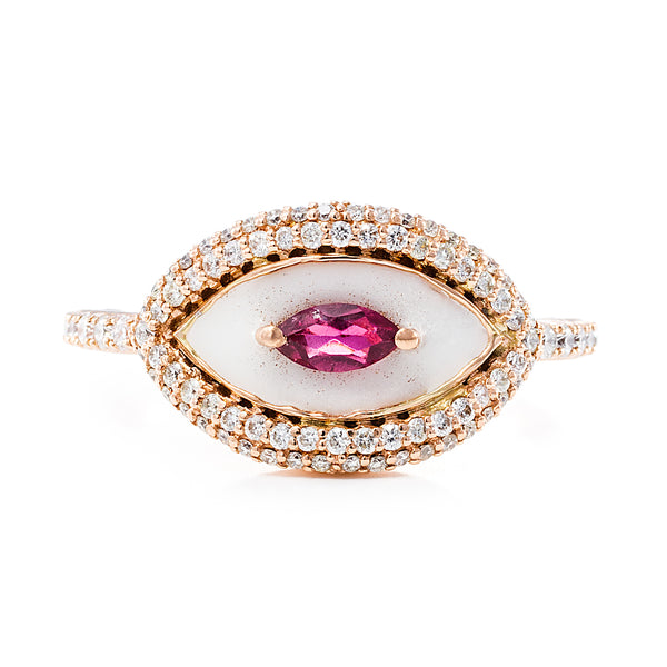 White Enamel & Ruby Evil Eye Ring